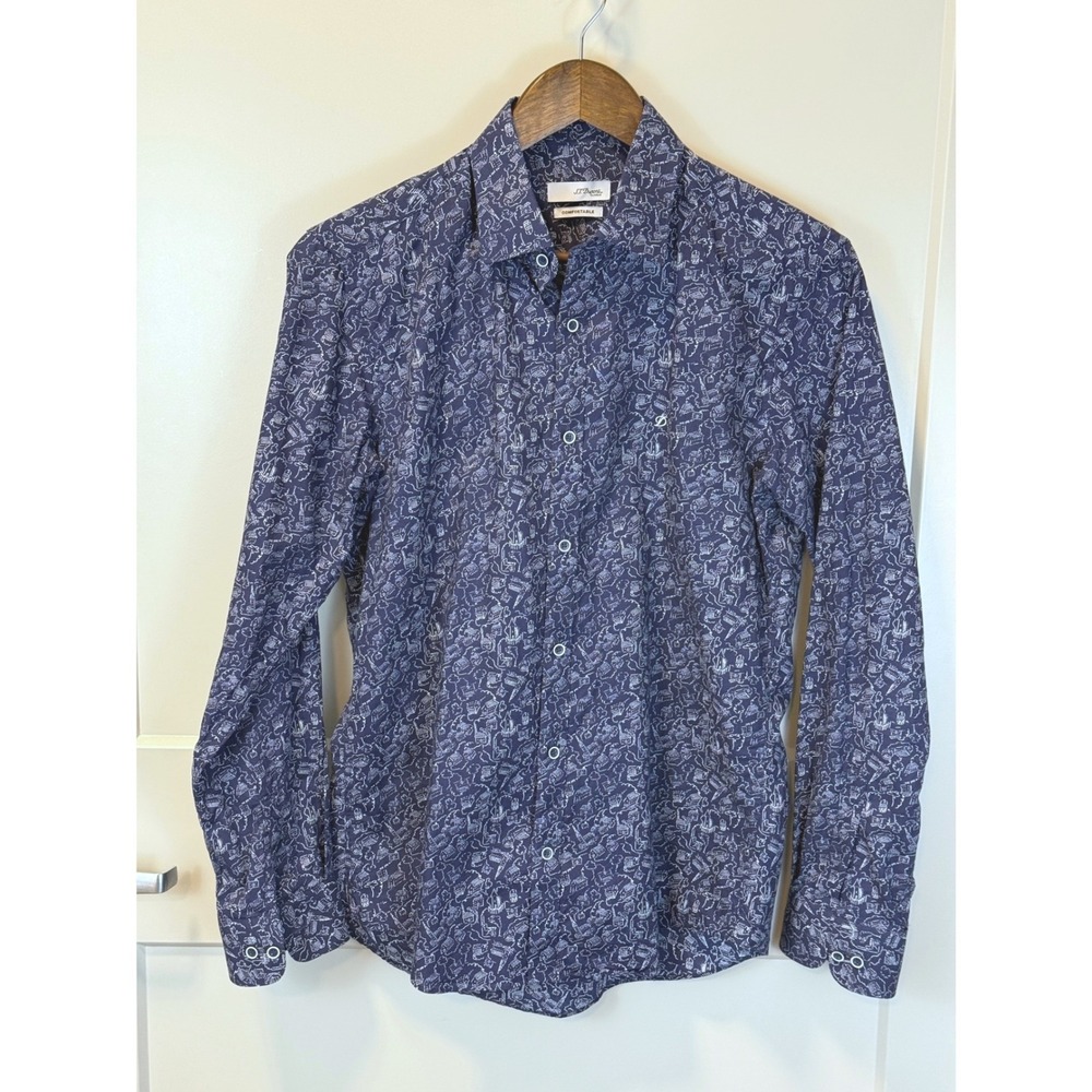 S.T. Dupont Classics Navy Blue 100% Cotton Button Down Shirt Micro Print Size 95
